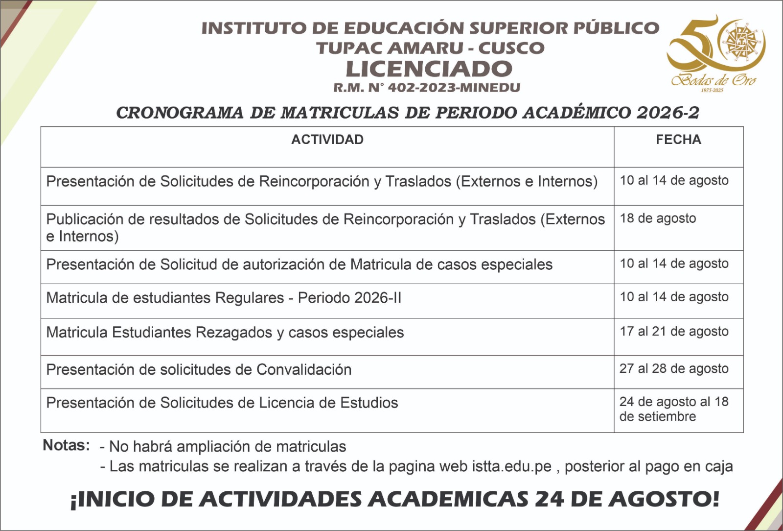 ¡Inicio de actividades académicas 24 de agosto!